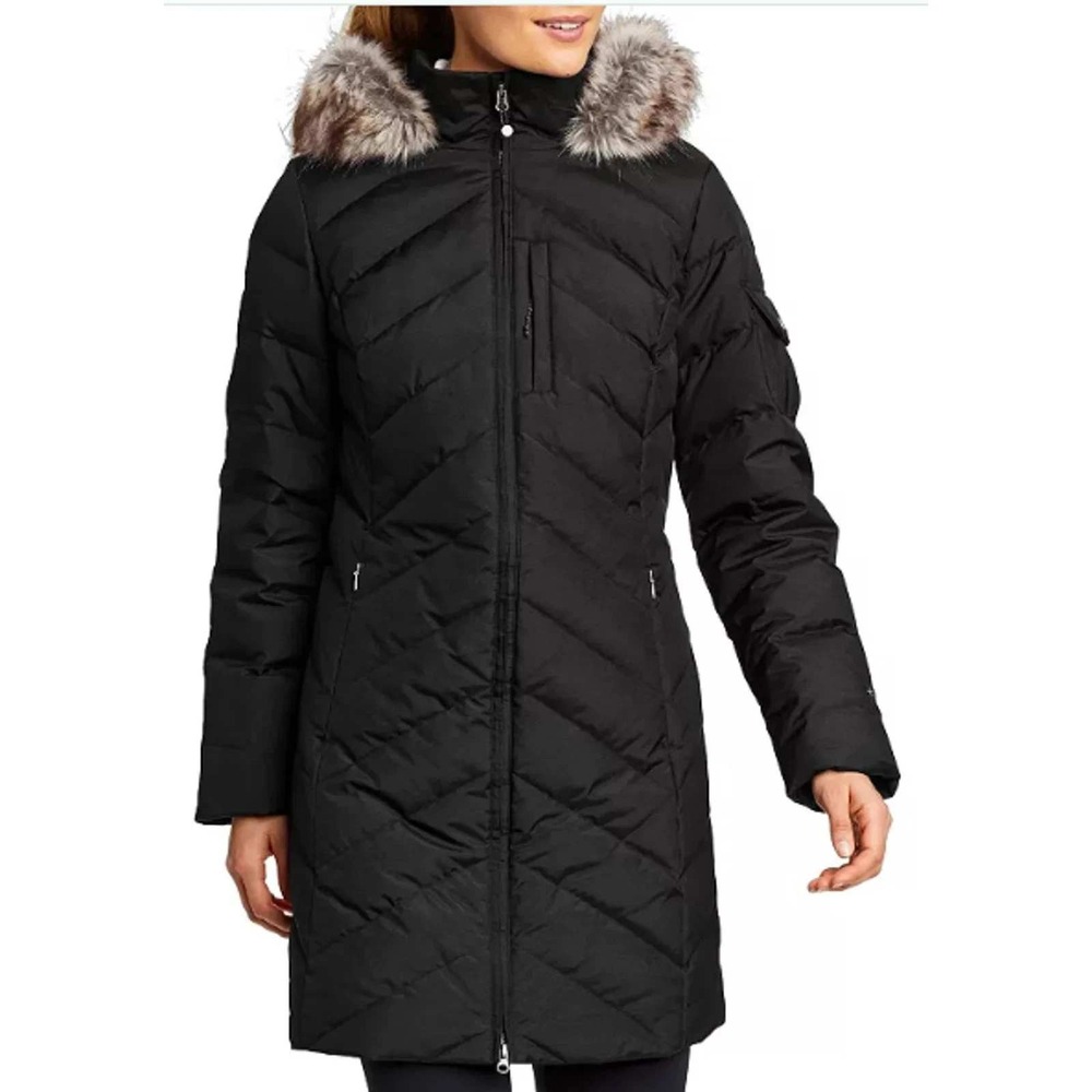 Eddie Bauer Sun Valley Down Parka Long Black Faux Fur Hood Women Petite Large PL